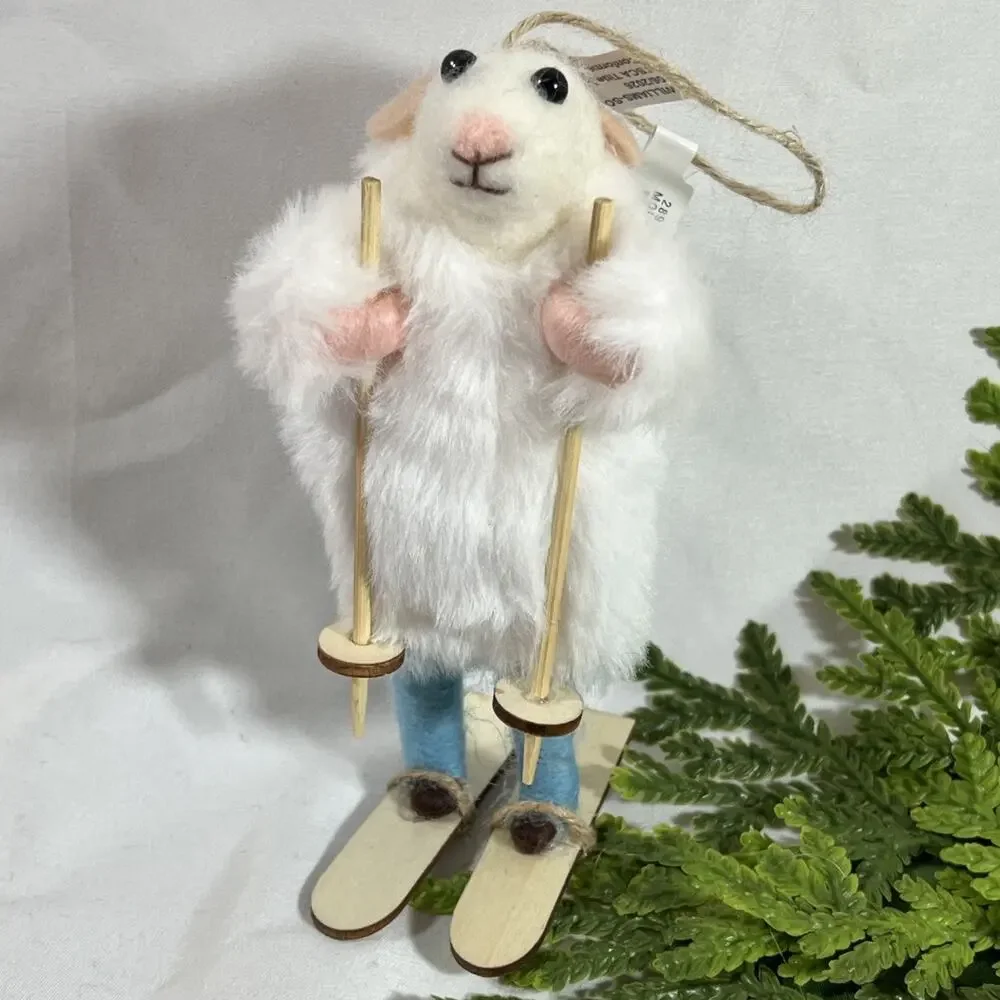 West Elm Felt Mouse Skier Christmas Ornament Furry White Coat Skiing Ski